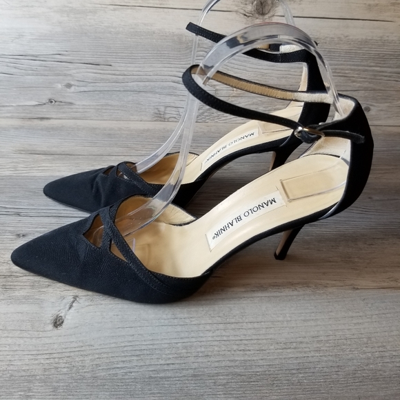 Vintage Manolo Blahnik Linen Ankle Strap Pointed Toe Pump Heel - Picture 2 of 13